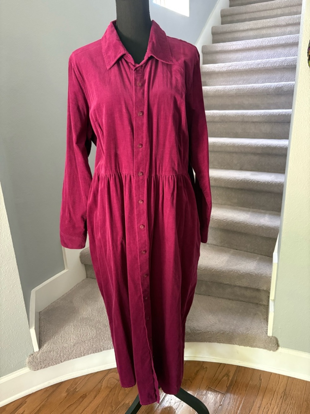 Coldwater Creek Long Sleeve Button-Front Dress in Berry